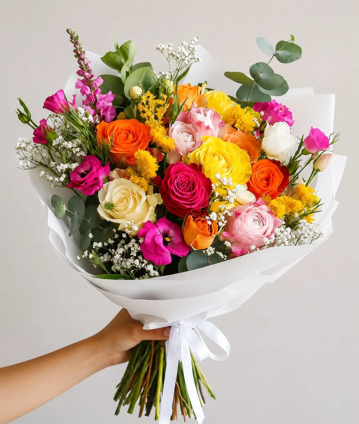 Buquê colorido com rosas, lisianthus e flores do campo entregue pela Akio Floricultura em Ferraz de Vasconcelos
